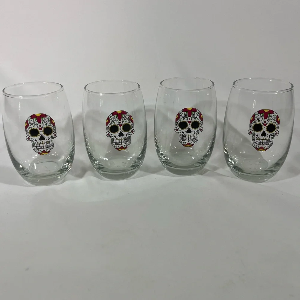 SUGAR SKULL DAY OF THE DEAD HALLOWEEN STEMLESS WINE GLASSES 5”‎ SET OF 4 PREOWN